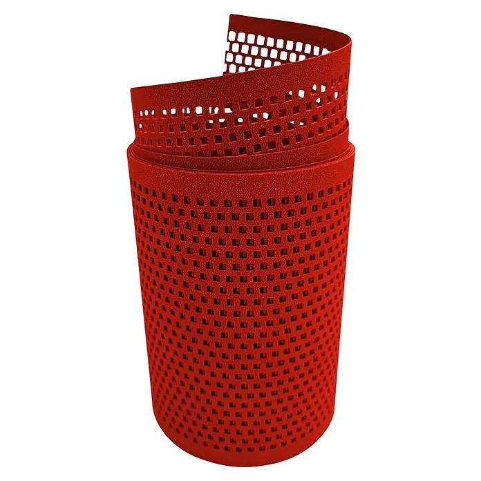 Sichtschutzstreifen Zaun|Zu Quadratisch - 2,55 m x 19 cm x 0,1 cm, Rot - Roter Papierkorb aus perforiertem Metall, elegant gewickelt und mit einem modernen, luftigen Design. Ideal für Büro und Zuhause.