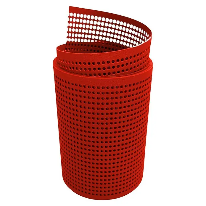 zaun|zu Sichtschutzstreifen Premium Gelocht - 2,55 m x 19 cm x 0,1 cm, Rot - Nahaufnahme eines roten, zylinderförmigen Abfallbehälters mit vielen kleinen Löchern, der spiralförmig aufgerollt ist.