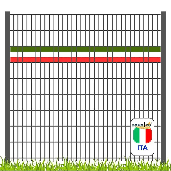 zaun|zu Sichtschutzstreifen Italien - 2,55 m x 19 cm x 0,1 cm, Grün/Weiß/Rot, Schmal - Bild eines Metallzauns mit dem italienischen Farben und dem Logo des Herstellers Zaun zu.