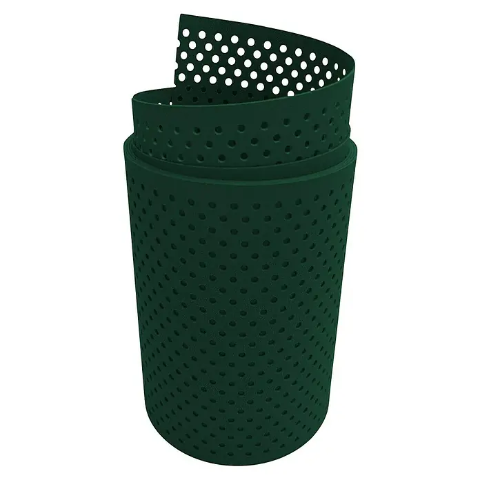zaun|zu Sichtschutzstreifen Premium Gelocht 15% - 2,55 m x 19 cm x 0,1 cm, Grün - Grünes, perforiertes Belüftungsband, aufgerollt dargestellt. Ideal für den Gartenbau und zur Baumstammbelüftung.