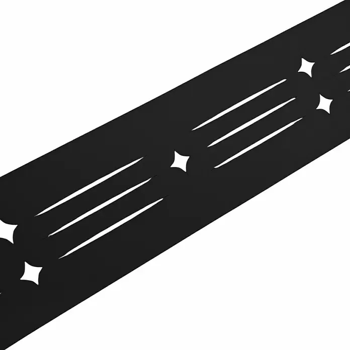 zaun|zu Sichtschutzstreifen Starline Laser - 2,55 m x 19 cm x 0,1 cm, Tiefschwarz - Abstraktes Muster mit einer diagonalen schwarzen Linie, durchzogen von weißen Sternen und Streifen, das einen modernen und dynamischen Effekt erzeugt.