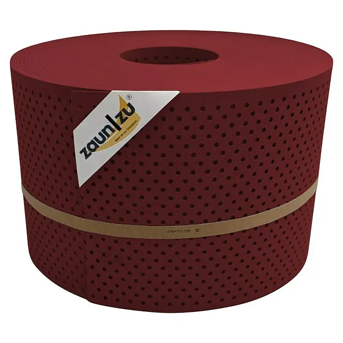 zaun|zu Sichtschutzstreifen Premium Gelocht 15% - 50 m x 19 cm x 0,1 cm, Bordeauxrot - Abdeckung für Zaunelemente mit Löchern und einem Papierband zum Umwickeln. Die Abdeckung ist rot und hat ein Logo.