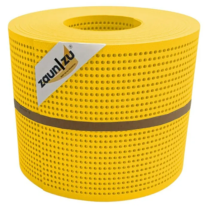 zaun|zu Sichtschutzstreifen Premium Gelocht - 26 m x 19 cm x 0,1 cm, Gelb - Gelbe Zaunfolie von ZaunZu auf einer Rolle mit braunem Band umwickelt und einem weißen Etikett.