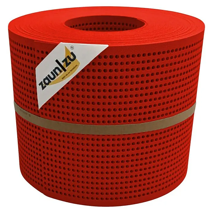 zaun|zu Sichtschutzstreifen Premium Gelocht - 26 m x 19 cm x 0,1 cm, Rot - Rolle Zaunfolie in Rot mit feinen Löchern und Markenlogo. Ideal als Sichtschutz für Zäune und Gitter.