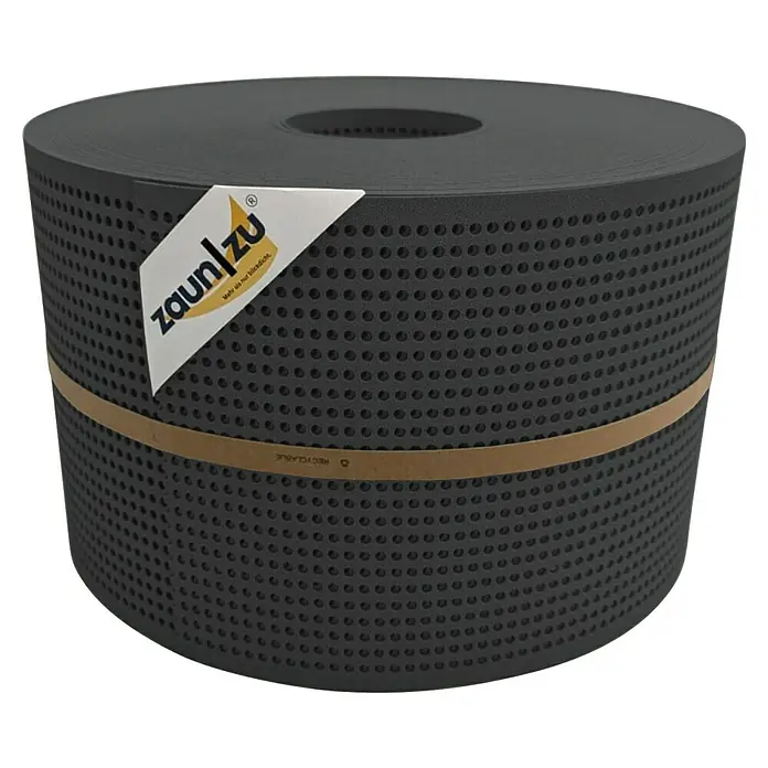 zaun|zu Sichtschutzstreifen Premium Gelocht - 50 m x 19 cm x 0,1 cm, Anthrazit - Die ZaunZu Zaunblende aufgerollt mit Löchern und Papierbanderole. Das Produkt ist recycelbar und dient als Sichtschutz.