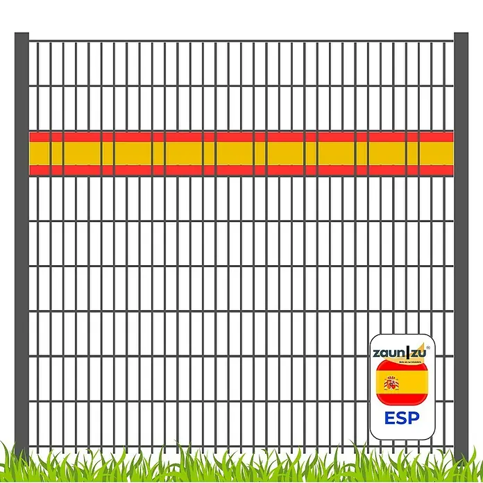 zaun|zu Sichtschutzstreifen Spanien - 19 x 0,1 cm, Rot/Gelb, Schmal - Produktabbildung eines Zaunpanels mit spanischer Flagge und Firmenlogo.