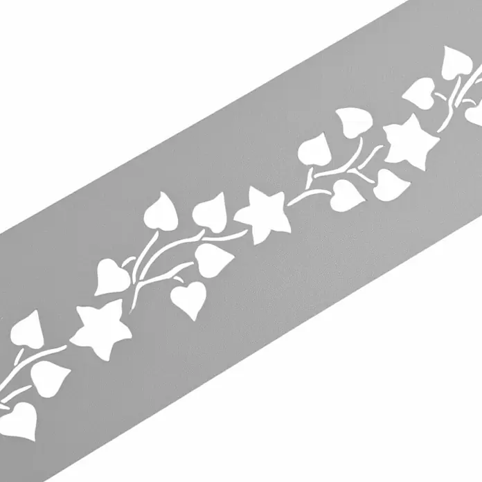 zaun|zu Sichtschutzstreifen Premium - 19 x 0,1 cm, Lichtgrau, Florales Design - Grauer Hintergrund mit einem Rankenmuster aus weißen Sternen und herzförmigen Blättern, ideal als Schablone oder dekoratives Element.