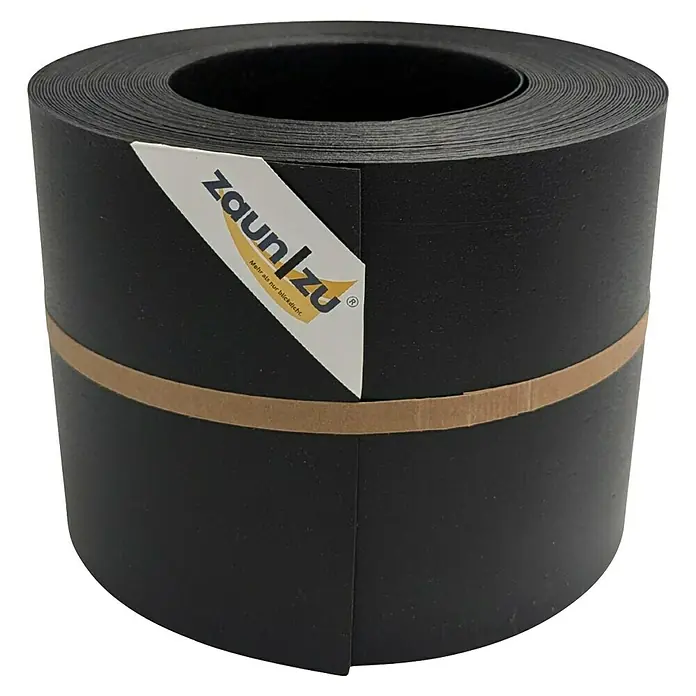 zaun|zu Sichtschutzstreifen Eco - 26 x 19 x 0,1 cm, Schwarz, 1 Stk. - Nahaufnahme einer Rolle Zaunfolie "Zaunlzu" in Schwarz, mit braunem Papierband umwickelt.