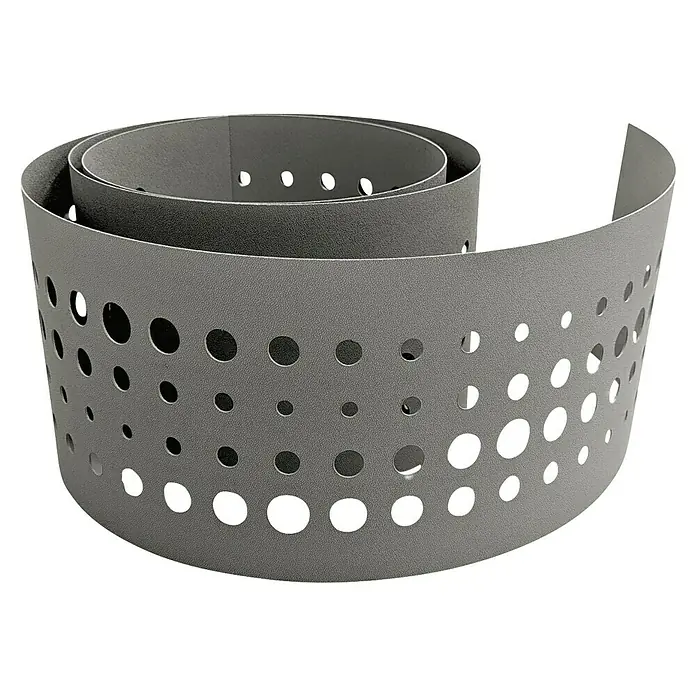 zaun|zu Sichtschutzstreifen Premium - 19 x 0,1 cm, Steingrau, Pulse - Graues perforiertes Band aufgerollt, ideal für kreative Projekte und DIY-Anwendungen.