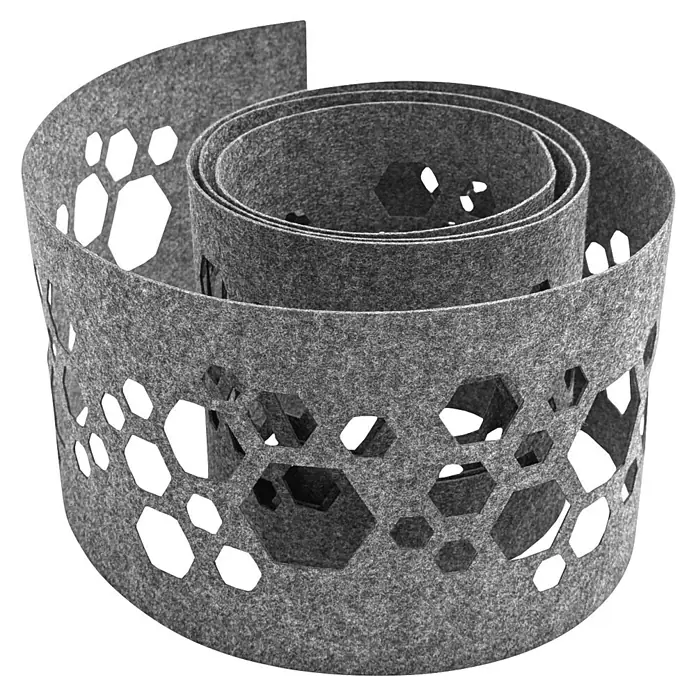 zaun|zu Sichtschutzstreifen Design Hexagon - 2,6 m x 19 cm x 0,2 cm, Hellgrau - Grauer, gewalzter, perforierter Filz-Akustikabsorber mit sechseckigen Aussparungen, der Schall effektiv reduziert und das Raumambiente verbessert.