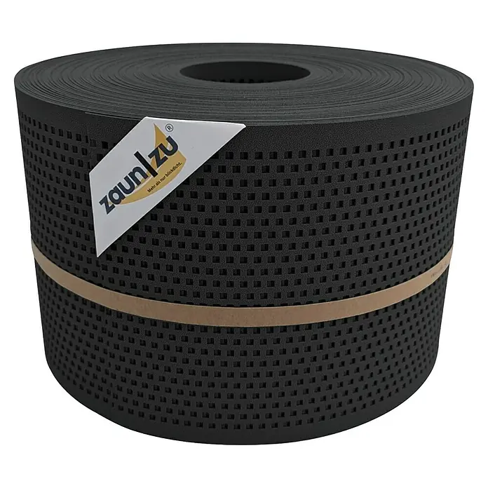 Sichtschutzstreifen Zaun|Zu Quadratisch - 50 m x 19 cm x 0,1 cm, Anthrazit, Gelocht - Die schwarze Zaunblende mit quadratischen Löchern und einem braunen Band sorgt für mehr Privatsphäre.