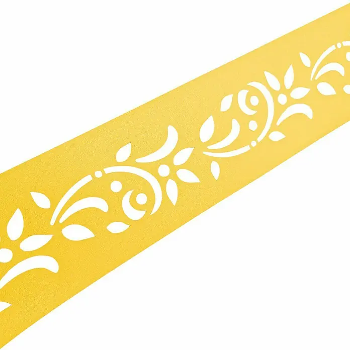 zaun|zu Sichtschutzstreifen Premium Floral Dekor 1 - 2,55 m x 19 cm x 0,1 cm, Gelb - Nahaufnahme eines gelben Schablonenstreifens mit einem weißen Blumenmuster, ideal zum Basteln und Dekorieren.