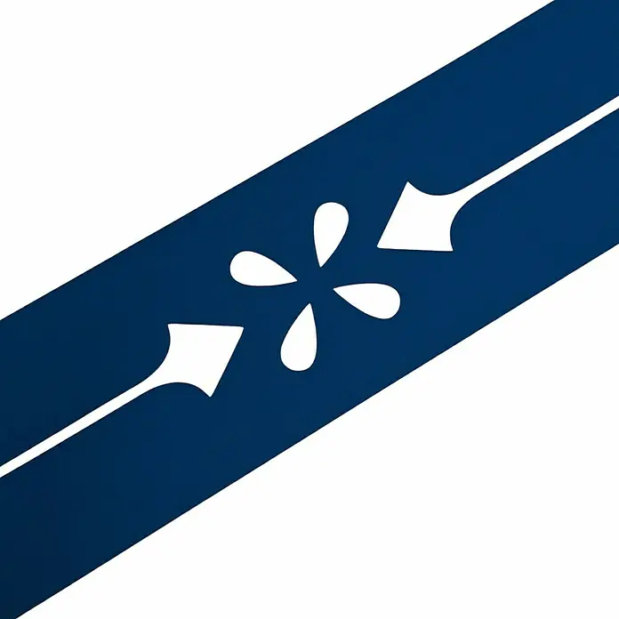 zaun|zu Sichtschutzstreifen Premium Verona - 2,55 m x 19 cm x 0,1 cm, Enzianblau - Diagonaler blauer Streifen mit weißen, nach innen zeigenden, stilisierten Ruderblättern und einer zentralen vierblättrigen Spritzerform.