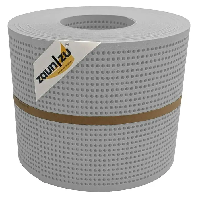 zaun|zu Sichtschutzstreifen Premium Gelocht - 26 m x 19 cm x 0,1 cm, Lichtgrau - Eine Rolle ZAU|ZU Sichtschutzstreifen in Grau, mit braunem Band um die Mitte gewickelt und mit Löchern versehen.