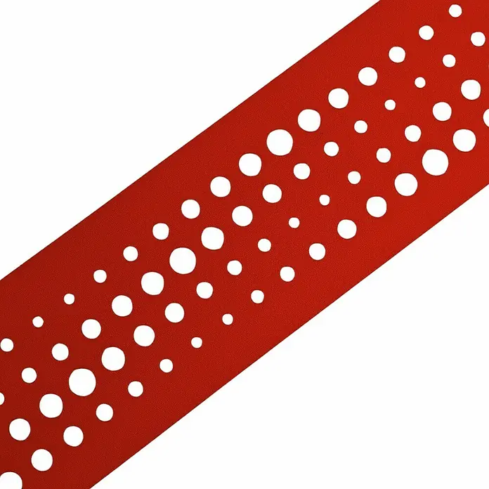 zaun|zu Sichtschutzstreifen Premium - 19 x 0,1 cm, Rot, Pulse - Rotes diagonales Band mit weißen Tupfen unterschiedlicher Größe.