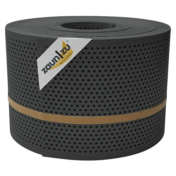 zaun|zu Sichtschutzstreifen Rille Gelocht 20% PP - 50 m x 19 cm x 0,1 cm, Anthrazit - Eine Rolle Zaunfolie von Zaun/zu, die blickdichten Schutz und Privatsphäre für Zäune bietet. Ideal für Garten und Grundstück.