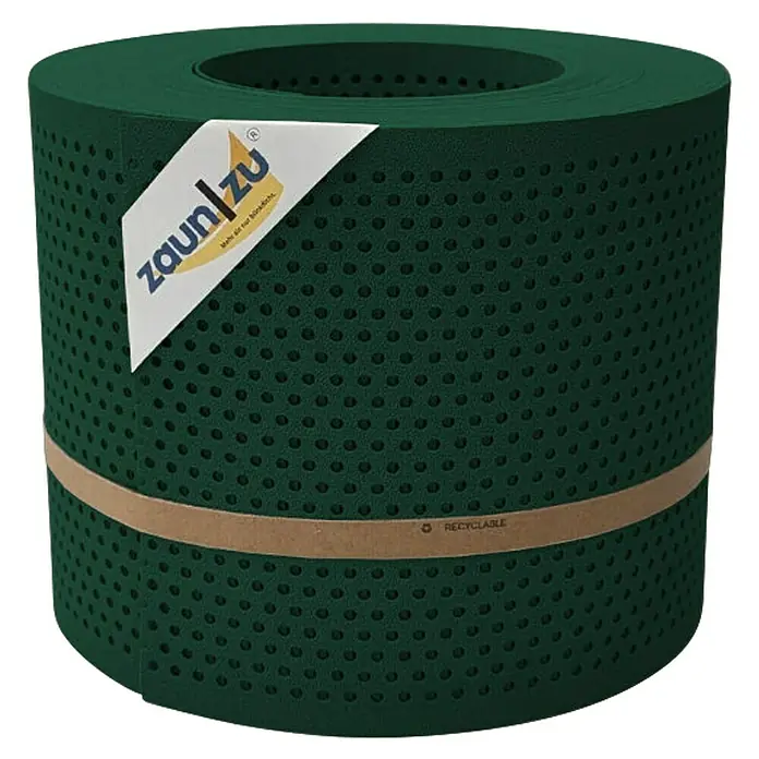zaun|zu Sichtschutzstreifen Premium Gelocht 20% - 26 m x 19 cm x 0,1 cm, Grün - Grüne Zaunblende auf Rolle mit "Zaun zu"-Logo, umgeben von einem recyclebaren Papierband. Ideal für Sichtschutz.