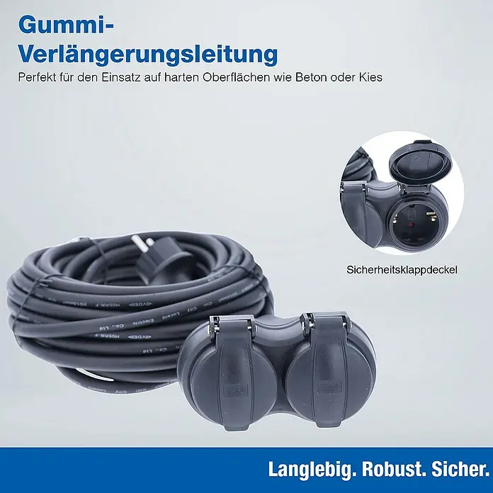 as-schwabe Verlängerungskabel H05RR-F 3G1,5 - 5 m, Schwarz, IP44, H05RR-F - Gummiverlängerungskabel mit zwei Steckdosen und Schutzkappen, ideal für den Einsatz auf harten Oberflächen wie Beton oder Kies.
