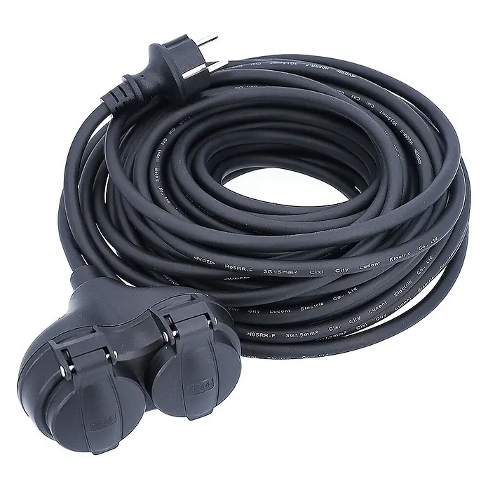 as-schwabe Verlängerungskabel H05RR-F 3G1,5 - 5 m, Schwarz, IP44, H05RR-F - Schwarzes Verlängerungskabel mit zwei Steckdosen und Stecker. Ideal für den Außenbereich und den Garten.