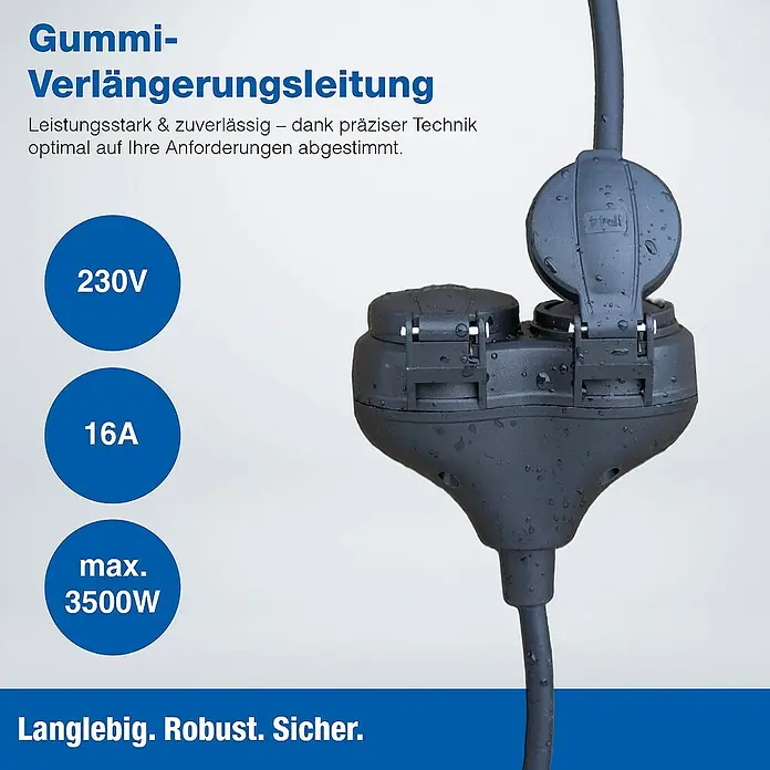 as-schwabe Verlängerungskabel H05RR-F 3G1,5 - 5 m, Schwarz, IP44, H05RR-F - Abbildung einer Gummi-Verlängerungsleitung mit doppelter Steckdose, robust, langlebig und sicher, ideal für den Außenbereich.