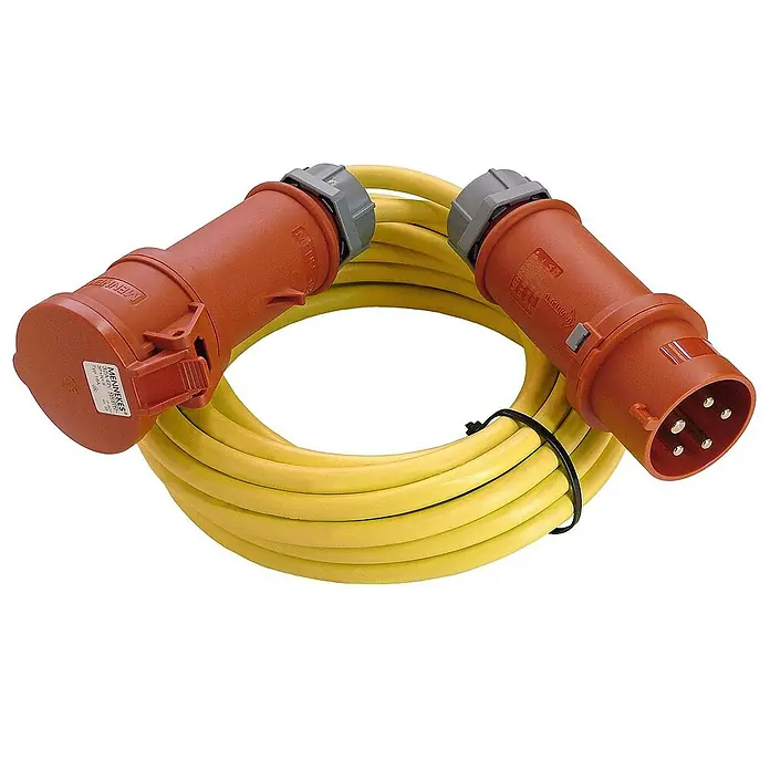 as-schwabe Verlängerungskabel AT-N07V3V3-F 5G2,5 - 25 m, Gelb, IP44 - Gelbes Kabel mit zwei orangefarbenen Industriesteckern.