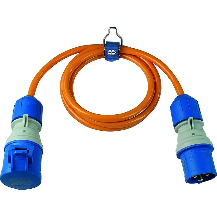 as-schwabe Verlängerungskabel H07BQ-F 3G2,5 - 1,5 m, Orange, IP44 - Ein orangefarbenes Starkstromkabel mit blauen Industriesteckern hängt an einem blauen Band mit Logo.