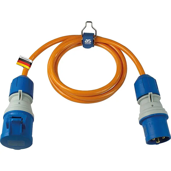 as-schwabe Verlängerungskabel H07BQ-F 3G2,5 - 1,5 m, Orange, IP44 - Orangefarbenes Verlängerungskabel mit blauen Industriesteckern an beiden Enden und einer Schlaufe zum Aufhängen.