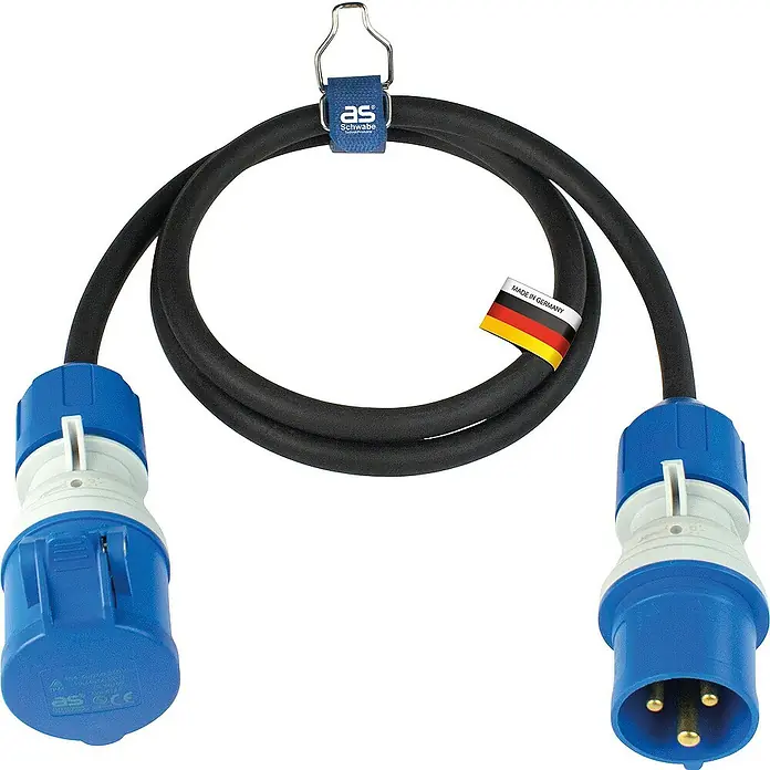as-schwabe Verlängerungskabel H07RN-F 3G2,5 - 1,5 m, Schwarz, IP44, H07RN-F - Ein Adapterkabel mit blauem Stecker und Kupplung, gefertigt in Deutschland, mit Kabelbinder und Aufhänger für ordentliche Aufbewahrung.