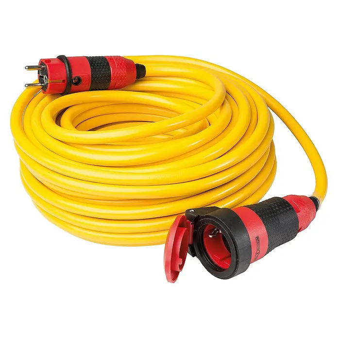 as-schwabe Verlängerungskabel AT-N07V3V3-F 3G1,5 - 25 m, Gelb, IP44 - Gelbes Starkstromkabel mit rotem Stecker und Kupplung für den Baustelleneinsatz.
