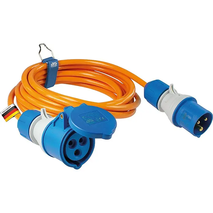 as-schwabe Verlängerungskabel H07BQ-F 3G2,5 - 5 m, Orange, IP44 - Ein orangefarbenes Starkstromkabel mit blauem Stecker und blauer Kupplung, für den Anschluss von Elektrogeräten an das Stromnetz.