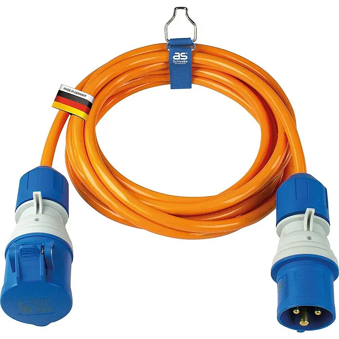 as-schwabe Verlängerungskabel H07BQ-F 3G2,5 - 5 m, Orange, IP44 - Hochauflösendes Bild eines orangefarbenen Starkstromkabels mit blauem Stecker. Ideal für Baustellen und den professionellen Einsatz.