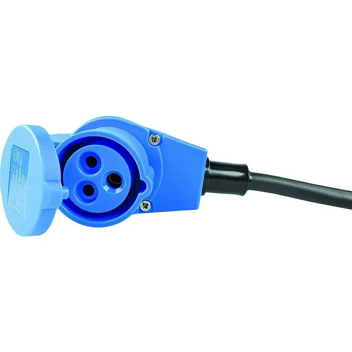 as-schwabe Verlängerungskabel H07RN-F 3G2,5 - 1,5 m, Schwarz, IP44, H07RN-F - Nahaufnahme eines blauen Industriestromsteckers mit Kabel. Perfekt für robuste Stromverbindungen in gewerblichen Umgebungen.