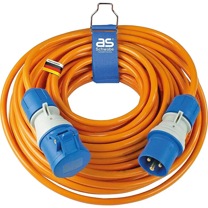 as-schwabe Verlängerungskabel H07BQ-F 3G2,5 - 25 m, Orange, IP44 - AS Schwabe Verlängerungskabel mit blauem Stecker und Kupplung, orangefarbenes Kabel, praktisch aufgerollt und mit Tragegriff.