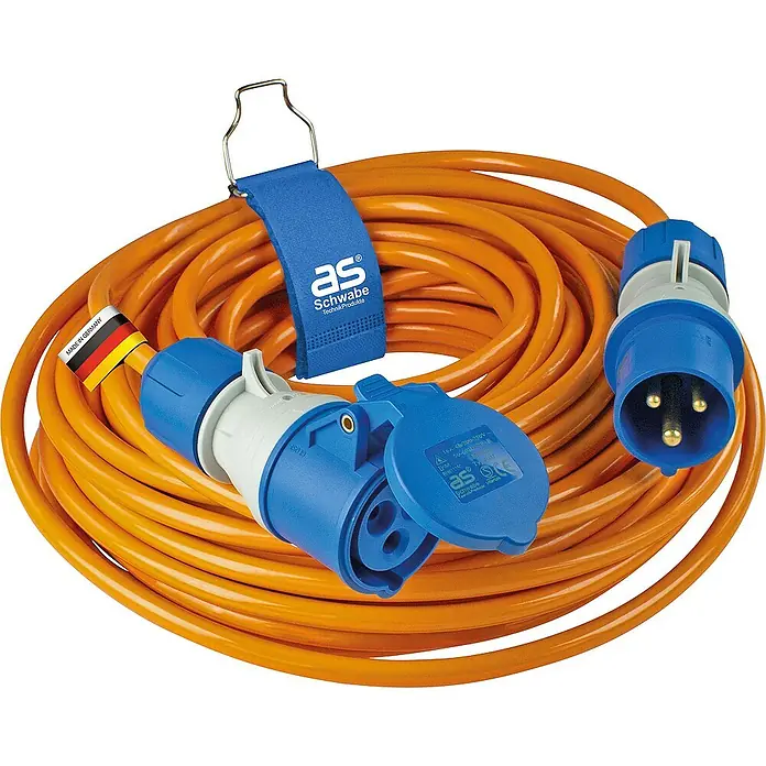 as-schwabe Verlängerungskabel H07BQ-F 3G2,5 - 25 m, Orange, IP44 - Aufgerollte, orangefarbene Verlängerungskabeltrommel mit blauen Steckern und Kabelhalter. Praktisches und langlebiges Produkt.