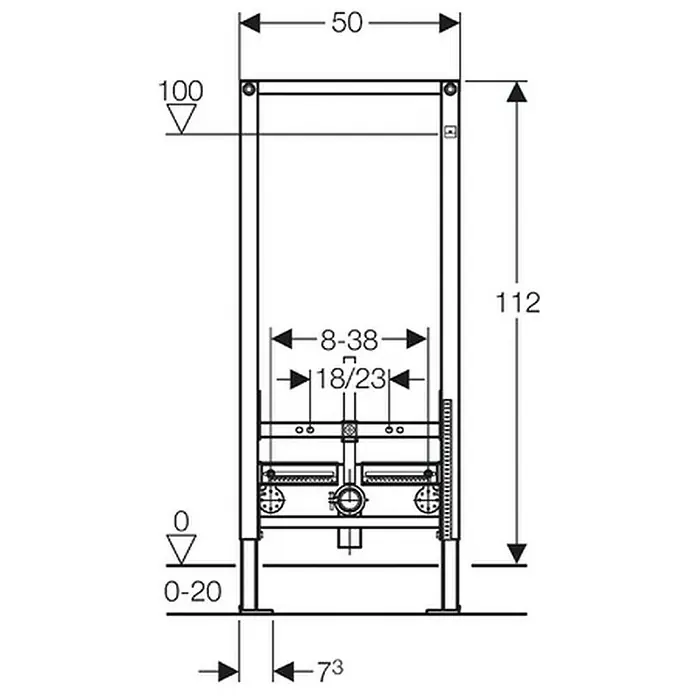 Geberit Duofix Bidet-Montageelement 111.510.00.2 - 10 x 50 x 112 cm, Pulverbeschichtet - Technische Zeichnung eines Unterputzspülkastens mit Maßen für Installation und Design.