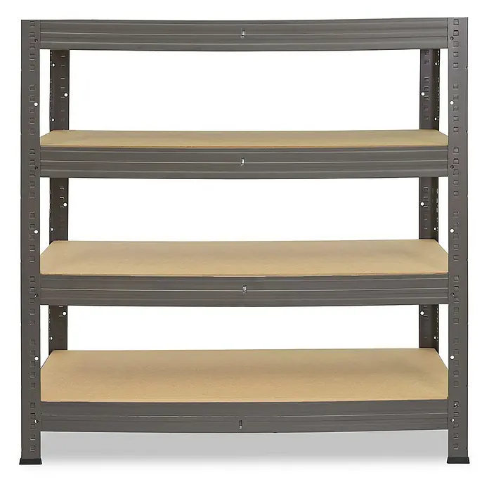 shelfplaza Schwerlastregal PRO - H x B x T: 90 x 100 x 60 cm, Traglast pro Boden: 200 kg, Stecken, grau - Graues Metallregal mit vier Holzregalböden. Das Regal ist robust und bietet viel Stauraum für verschiedene Gegenstände.