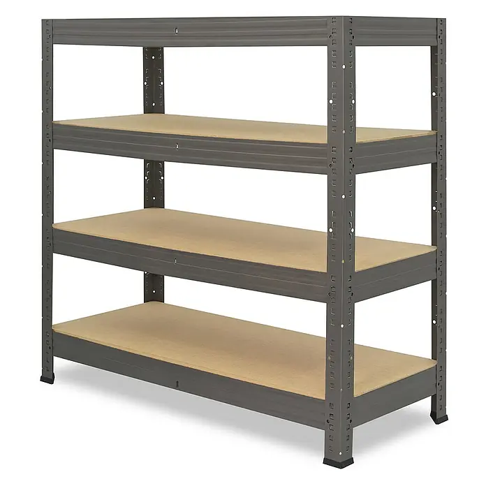 shelfplaza Schwerlastregal PRO - H x B x T: 90 x 100 x 60 cm, Traglast pro Boden: 200 kg, Stecken, grau - Das Bild zeigt ein graues Schwerlastregal mit drei Regalböden aus Holz, ideal für Garage oder Keller zur Lagerung.