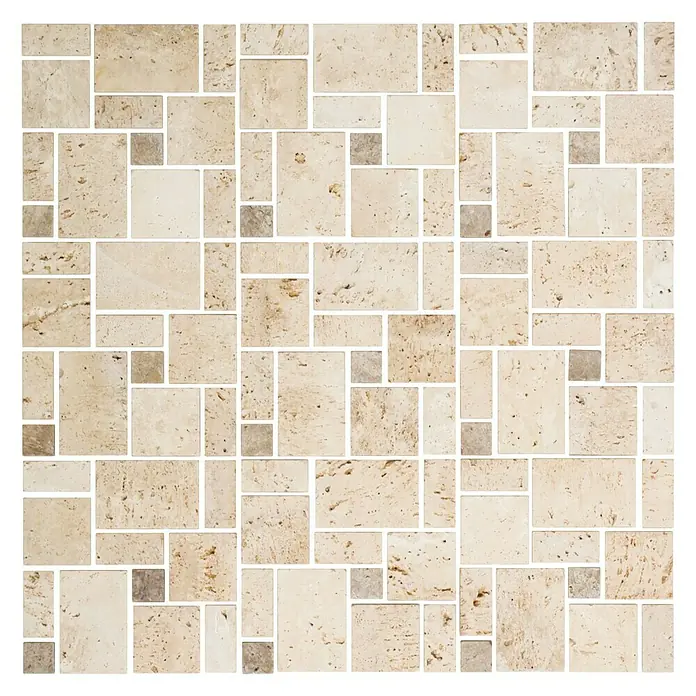Selbstklebemosaik Travertin SAM 4CM14 -  - Quadratisches Mosaikmuster aus beigefarbenem Naturstein mit hellbraunen Akzenten für ein elegantes und zeitloses Design.