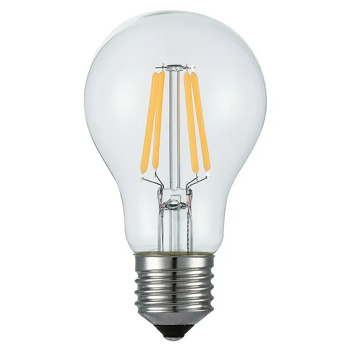 Voltolux LED-Lampe Glühlampenform E27 klar - E27, Nicht Dimmbar, Warmweiß, 806 lm, 7 W, Klar - Nahaufnahme einer klaren LED-Glühbirne mit sichtbaren Filamenten und einem silbernen Sockel vor einem weißen Hintergrund.