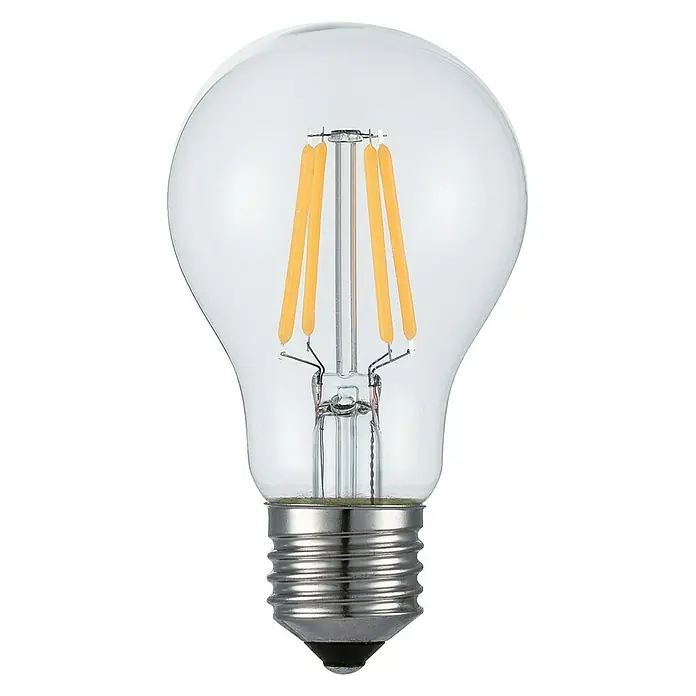 Voltolux LED-Lampe Glühlampenform E27 klarE27, Nicht Dimmbar, Warmweiß, 806 lm, 7 W, Klar - Nahaufnahme einer klaren LED-Glühbirne mit sichtbaren Filamenten und einem silbernen Sockel vor einem weißen Hintergrund.