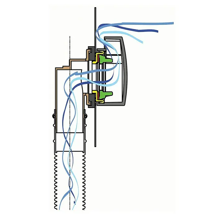 Ottofond Ab- & Überlaufgarnitur - Drehexcenterbetätigung, Wasserstandhöhe: + 5 cm erhöhbar, Verchromt - Ein detailliertes Schema eines Abluftsystems mit Luftströmung, das die Komponenten und die Funktion der Luftbewegung innerhalb des Systems hervorhebt.