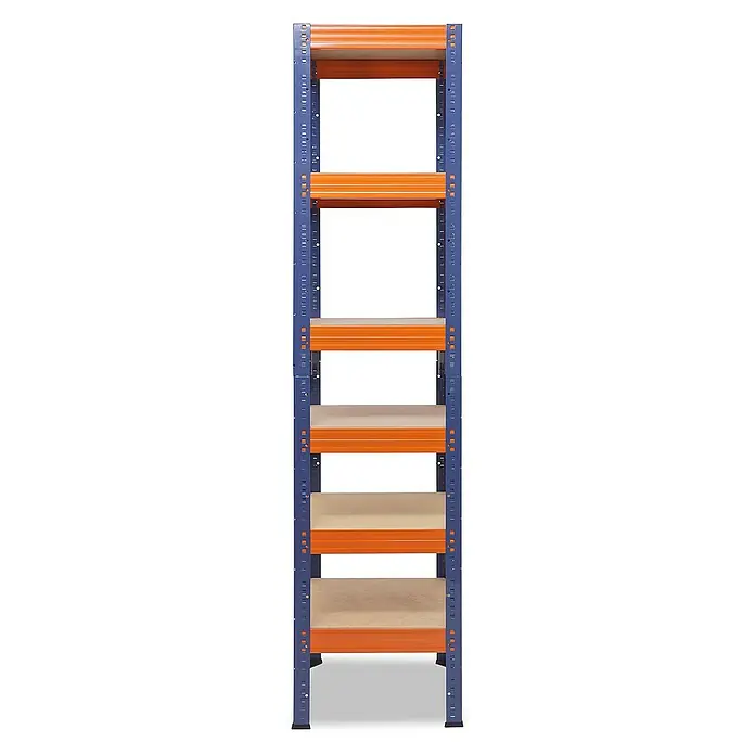 shelfplaza Schwerlastregal PRO - H x B x T: 180 x 50 x 50 cm, Traglast pro Boden: 200 kg, Stecken, blau-orange - Das Bild zeigt ein blaues Lagerregal mit orangefarbenen Regalböden, ideal für die Lagerung verschiedener Gegenstände.