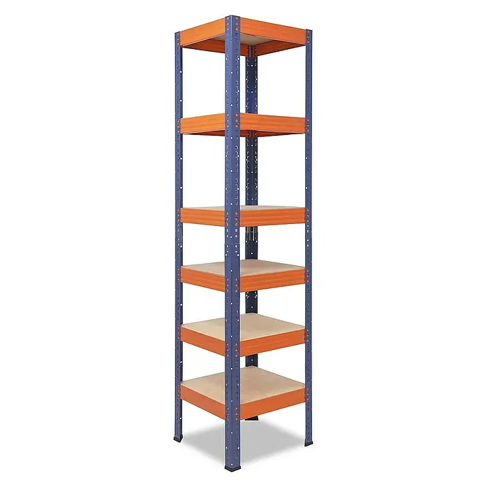 shelfplaza Schwerlastregal PRO - H x B x T: 180 x 50 x 50 cm, Traglast pro Boden: 200 kg, Stecken, blau-orange - Ein hochauflösendes Bild eines robusten Metallregals mit fünf Ebenen, ideal für Lagerung und Organisation.