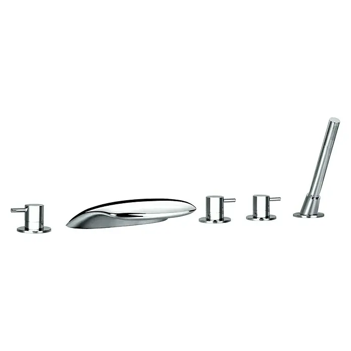 Ottofond Wasserschwallarmatur L 10000 - Chrom - Moderne Badarmatur mit glänzender Chromoberfläche. Die Armatur umfasst einen Auslauf, zwei Drehgriffe und eine Handbrause.