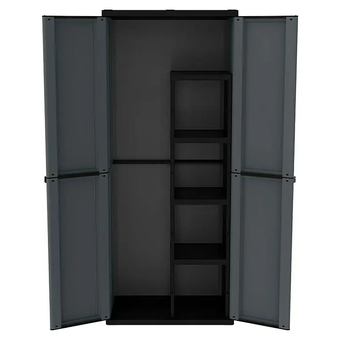 Terry J-Base Armario multiusos de plástico - L x An x Al: 37,5 x 68 x 163,5 cm, Escobero, Gris oscuro/Negro - Imagen de un armario gris abierto con estantes. Ideal para guardar ropa y objetos, sus puertas están abiertas.