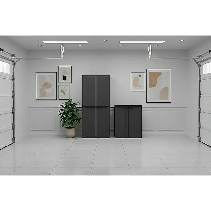 Terry J-Base Armario multiusos de plástico - L x An x Al: 37,5 x 68 x 163,5 cm, Escobero, Gris oscuro/Negro - Toma del producto de un conjunto de gabinetes de plástico gris con varias obras de arte en la pared, perfecto para el almacenamiento en el garaje.