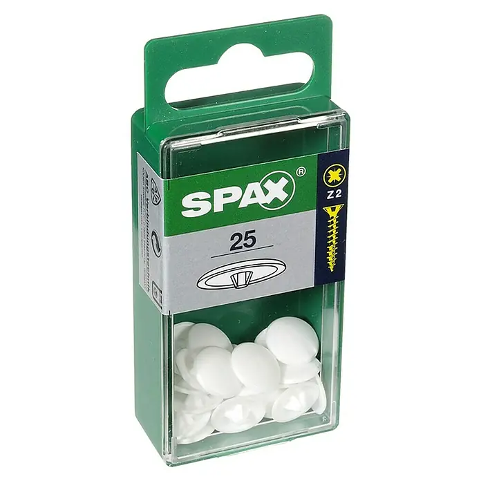 Spax Abdeckkappe für Kreuzschlitz Z2 - PZ 2, Weiß, 25 Stk. - Eine Packung Spax Schrauben mit 25 Stück in einer grünen und durchsichtigen Kunststoffverpackung mit Aufhänger.