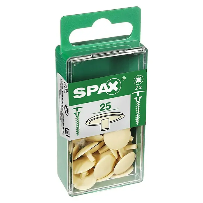 Spax Abdeckkappe für Universalschraube mit Kopfbohrung - PZ 2, Beige, 25 Stk. - Spax Abdeckkappen in einer transparenten Verpackung. Die Packung enthält 25 cremefarbene Abdeckkappen mit Schrauben für verschiedene Anwendungen.