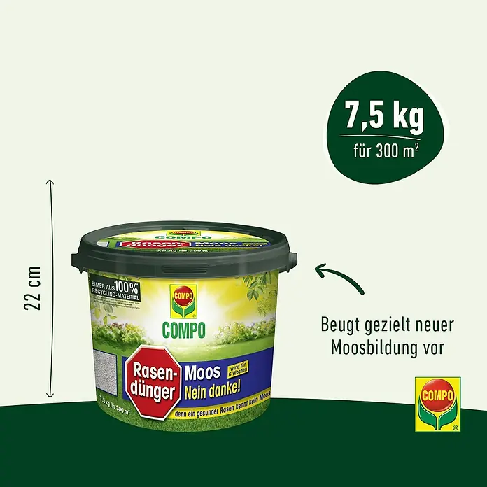 Compo Rasendünger Moos nein Danke! - 7,5 kg, Max. Anwendungsfläche: 200 m² - COMPO Rasen-Moos Dünger im Eimer, 7,5 kg für 300 m², beugt Moosbildung vor, aus 100% Recycling-Material, wirkt 6 Wochen.