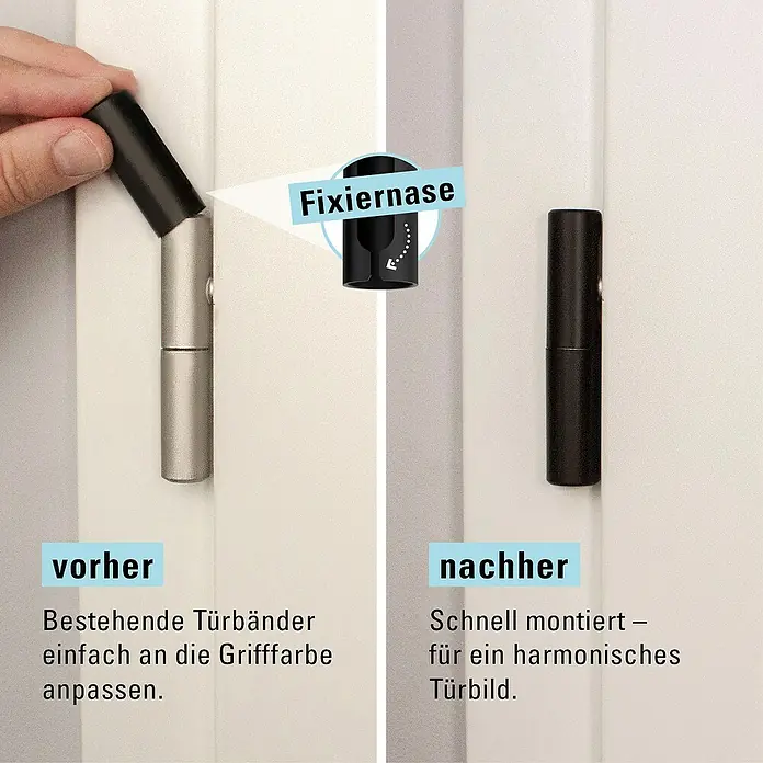 Diamond Doors Zimmertürgarnitur Black Panther L-Form Premium PVD - Stärke Tür: 38 mm - 45 mm, Profilzylinder, Edelstahl, L-Form - Türbandverkleidung: Vorher und nachher. Die Verkleidung passt die Türbänder farblich an den Türgriff an, für ein harmonisches Gesamtbild.